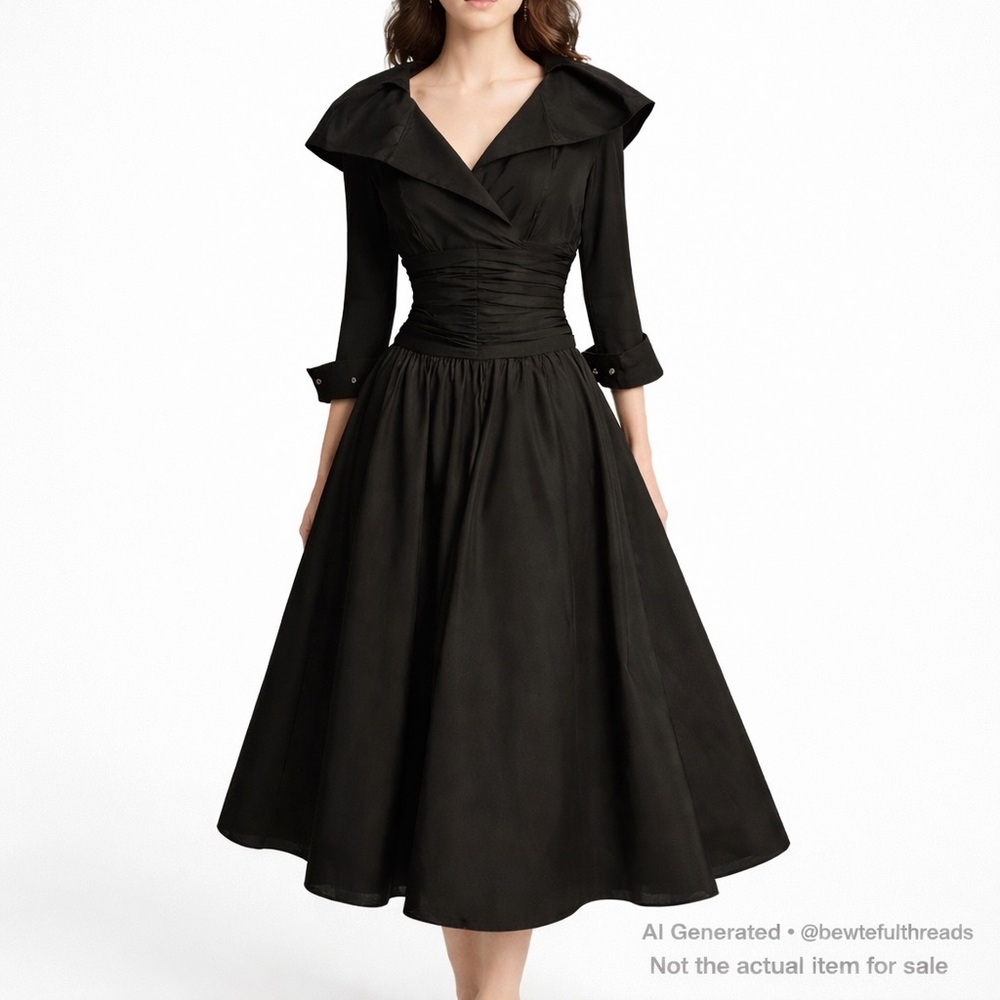 Eliza J Black Fit & Flare Midi Dress Dramatic Collar Ruched Waist Elegant